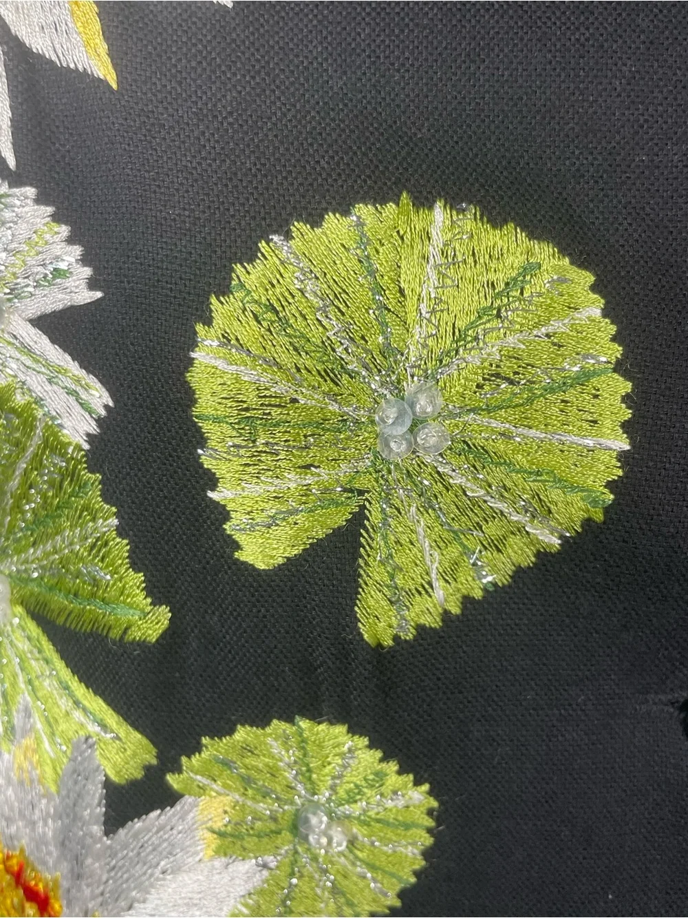 Vtg ANAGE Wearable Art Jacket Large Black Cotton Embroidered Water Lily Lotus